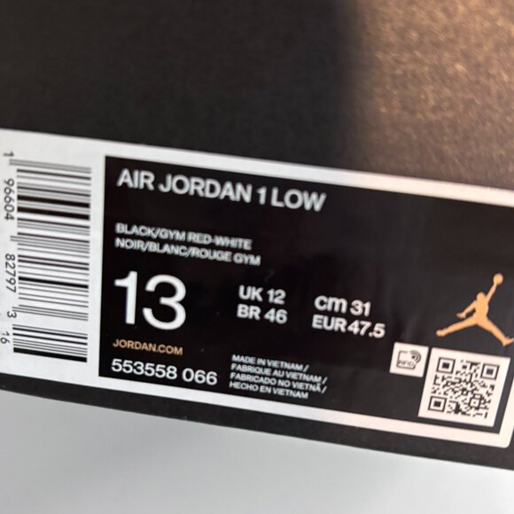 NEW Nike Air Jordan 1 Low Shoes Men\'s Size 13 Black/Gym Red-White 553558-066 main image 6